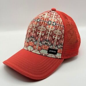prAna Mens Red Geometric Print Mesh Back Snapback Trucker Hat Adjustable Cap